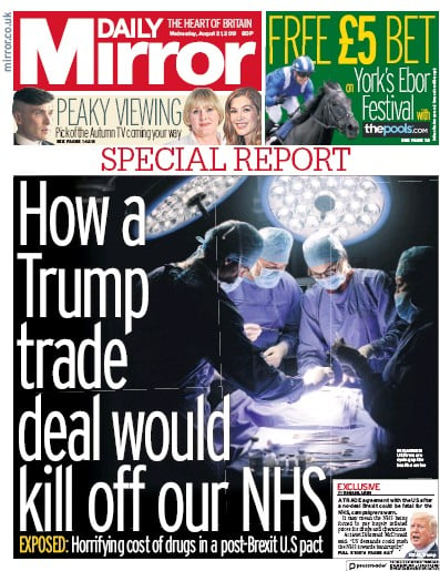 Daily Mirror Newspaper Front Page for 21 August 2019