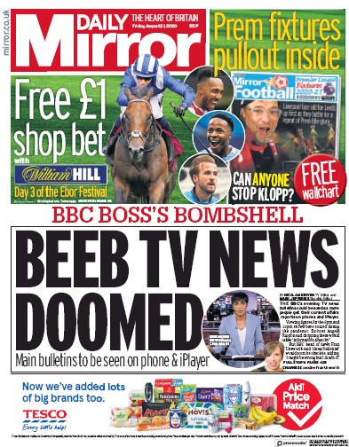 Daily Mirror Newspaper Front Page for 21 August 2020