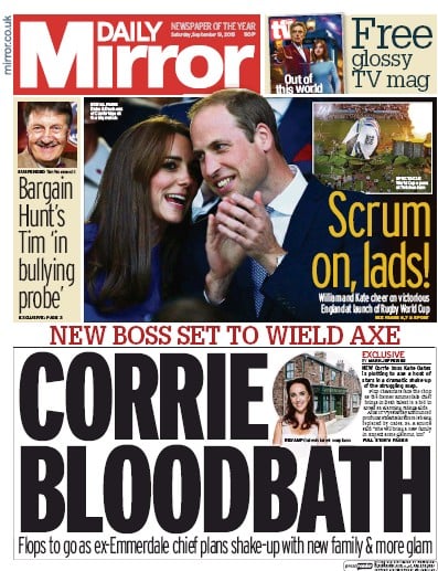 Daily Mirror Newspaper Front Page for 21 September 2015
