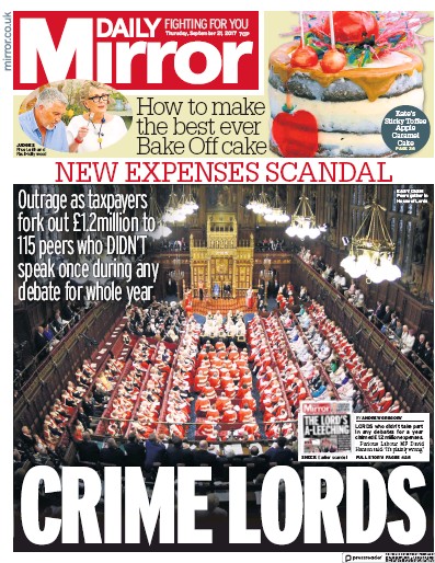Daily Mirror Newspaper Front Page for 21 September 2017