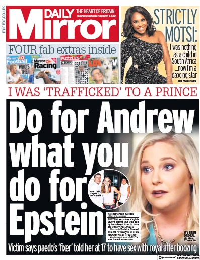 Daily Mirror Newspaper Front Page for 21 September 2019
