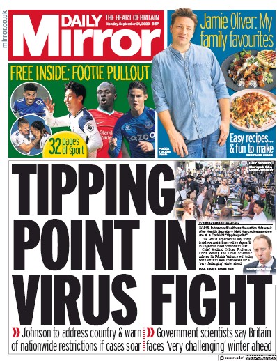 Daily Mirror (UK) Newspaper Front Page for 21 September 2020