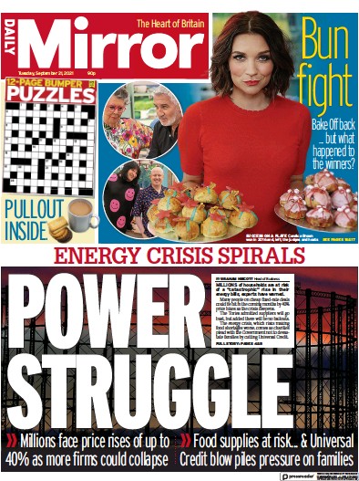 Daily Mirror (UK) Newspaper Front Page for 21 September 2021
