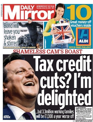 Daily Mirror Newspaper Front Page for 22 October 2015