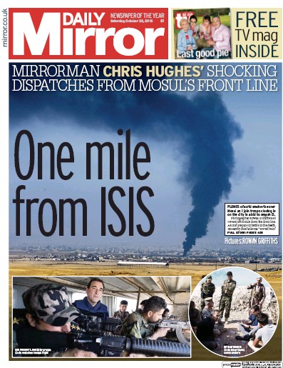 Daily Mirror Newspaper Front Page for 22 October 2016