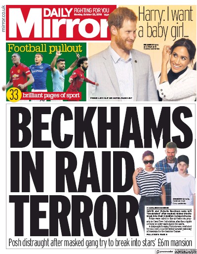Daily Mirror Newspaper Front Page for 22 October 2018