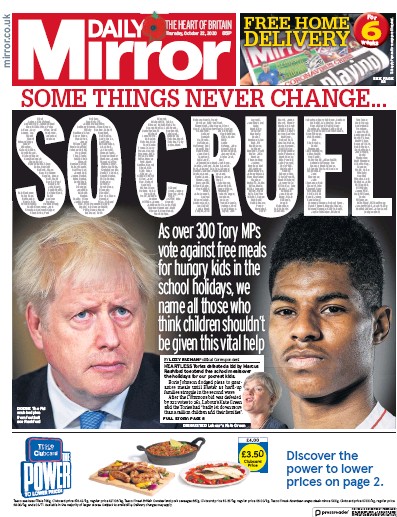 Daily Mirror (UK) Newspaper Front Page for 22 October 2020