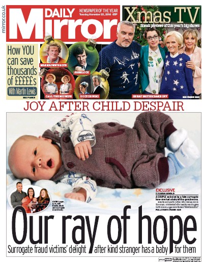 Daily Mirror Newspaper Front Page for 22 November 2016