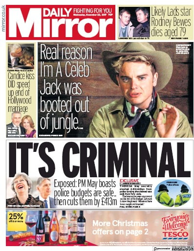 Daily Mirror Newspaper Front Page for 22 November 2017