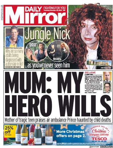 Daily Mirror Newspaper Front Page for 22 November 2018
