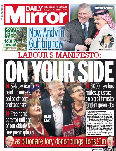 Daily Mirror (UK) Newspaper Front Page for 22 November 2019