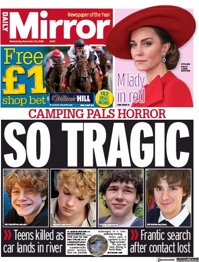 Daily Mirror (UK) Newspaper Front Page for 22 November 2023