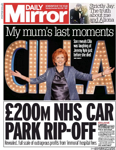 Daily Mirror Newspaper Front Page for 22 December 2015
