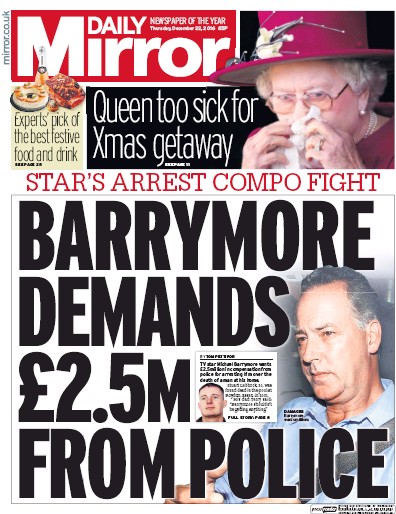 Daily Mirror (UK) Newspaper Front Page for 22 December 2016