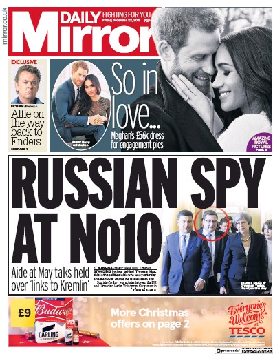 Daily Mirror Newspaper Front Page for 22 December 2017