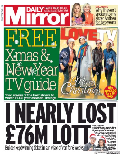 Daily Mirror Newspaper Front Page for 22 December 2018