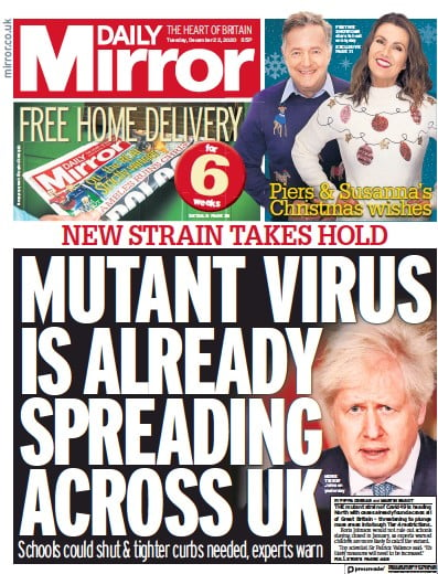 Daily Mirror Newspaper Front Page for 22 December 2020