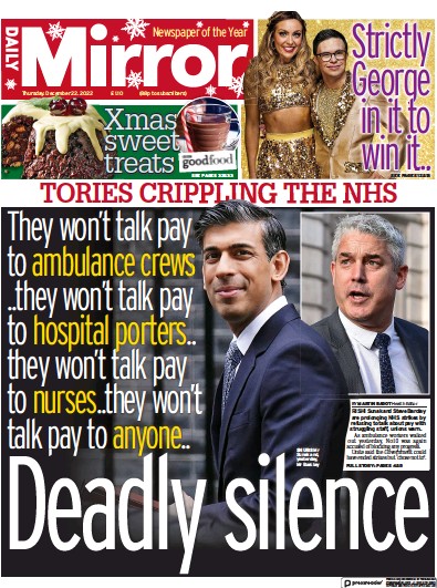 Daily Mirror (UK) Newspaper Front Page for 22 December 2022