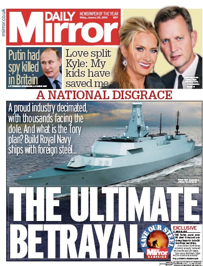 Daily Mirror Newspaper Front Page for 22 January 2016