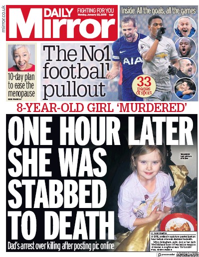 Daily Mirror Newspaper Front Page for 22 January 2018