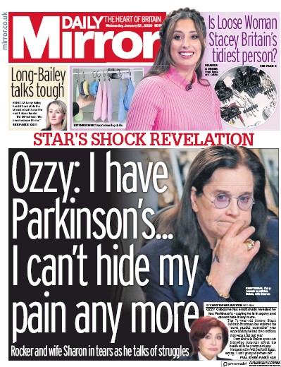 Daily Mirror Newspaper Front Page for 22 January 2020
