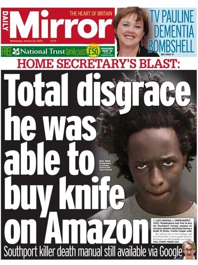 Daily Mirror (UK) Newspaper Front Page for 22 January 2025