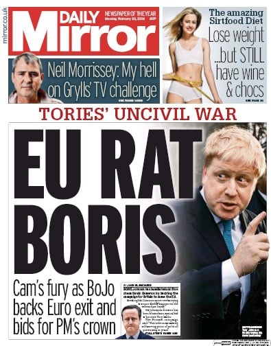 Daily Mirror Newspaper Front Page for 22 February 2016