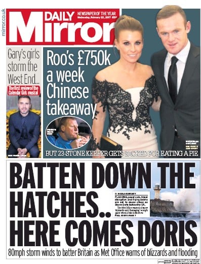 Daily Mirror Newspaper Front Page for 22 February 2017