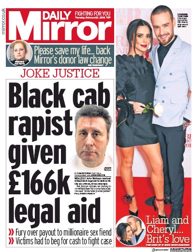 Daily Mirror Newspaper Front Page for 22 February 2018