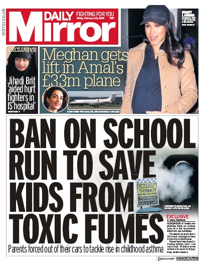 Daily Mirror Newspaper Front Page for 22 February 2019