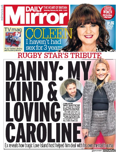 Daily Mirror (UK) Newspaper Front Page for 22 February 2020
