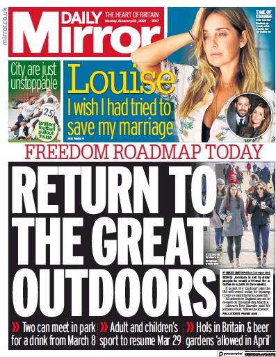 Daily Mirror Newspaper Front Page for 22 February 2021