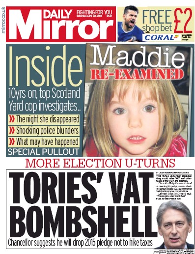 Daily Mirror (UK) Newspaper Front Page for 22 April 2017