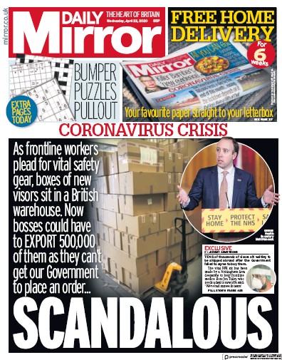 Daily Mirror (UK) Newspaper Front Page for 22 April 2020