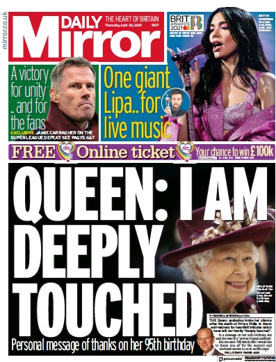 Daily Mirror (UK) Newspaper Front Page for 22 April 2021