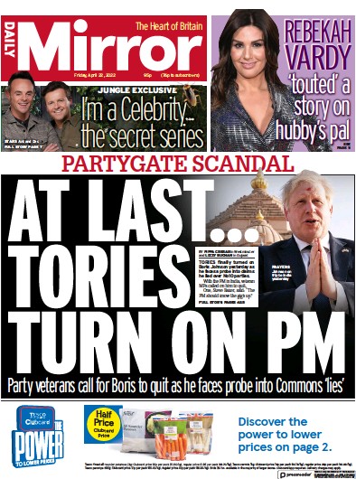 Daily Mirror Newspaper Front Page for 22 April 2022