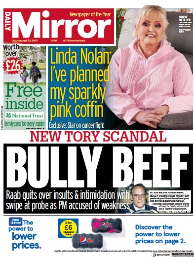 Daily Mirror (UK) Newspaper Front Page for 22 April 2023