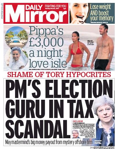 Daily Mirror Newspaper Front Page for 22 May 2017