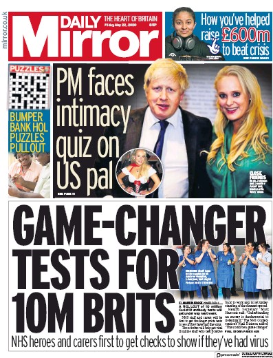 Daily Mirror (UK) Newspaper Front Page for 22 May 2020