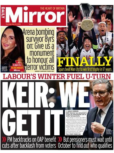 Daily Mirror (UK) Newspaper Front Page for 22 May 2025