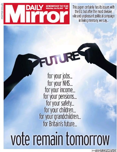 Daily Mirror Newspaper Front Page for 22 June 2016