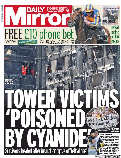 Daily Mirror (UK) Newspaper Front Page for 22 June 2017