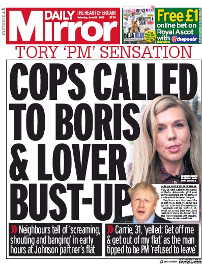 Daily Mirror Newspaper Front Page for 22 June 2019