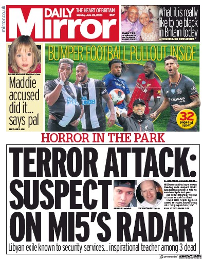Daily Mirror Newspaper Front Page for 22 June 2020