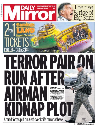 Daily Mirror Newspaper Front Page for 22 July 2016