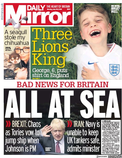 Daily Mirror Newspaper Front Page for 22 July 2019