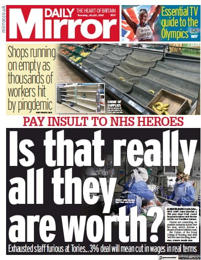 Daily Mirror (UK) Newspaper Front Page for 22 July 2021