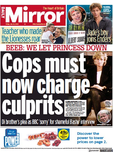 Daily Mirror Newspaper Front Page for 22 July 2022