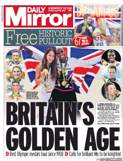 Daily Mirror (UK) Newspaper Front Page for 22 August 2016