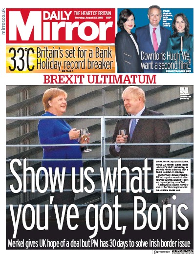 Daily Mirror Newspaper Front Page for 22 August 2019
